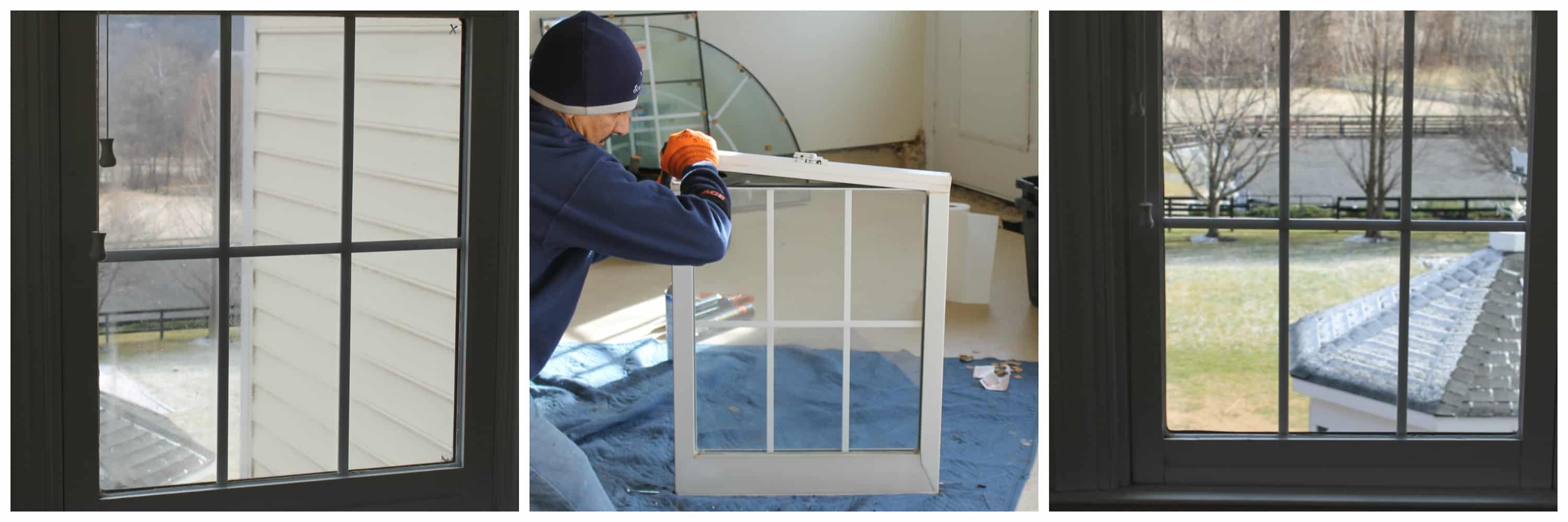 Three photographs show a window sash before service, a technician working on the sash, and the clear finished glass.