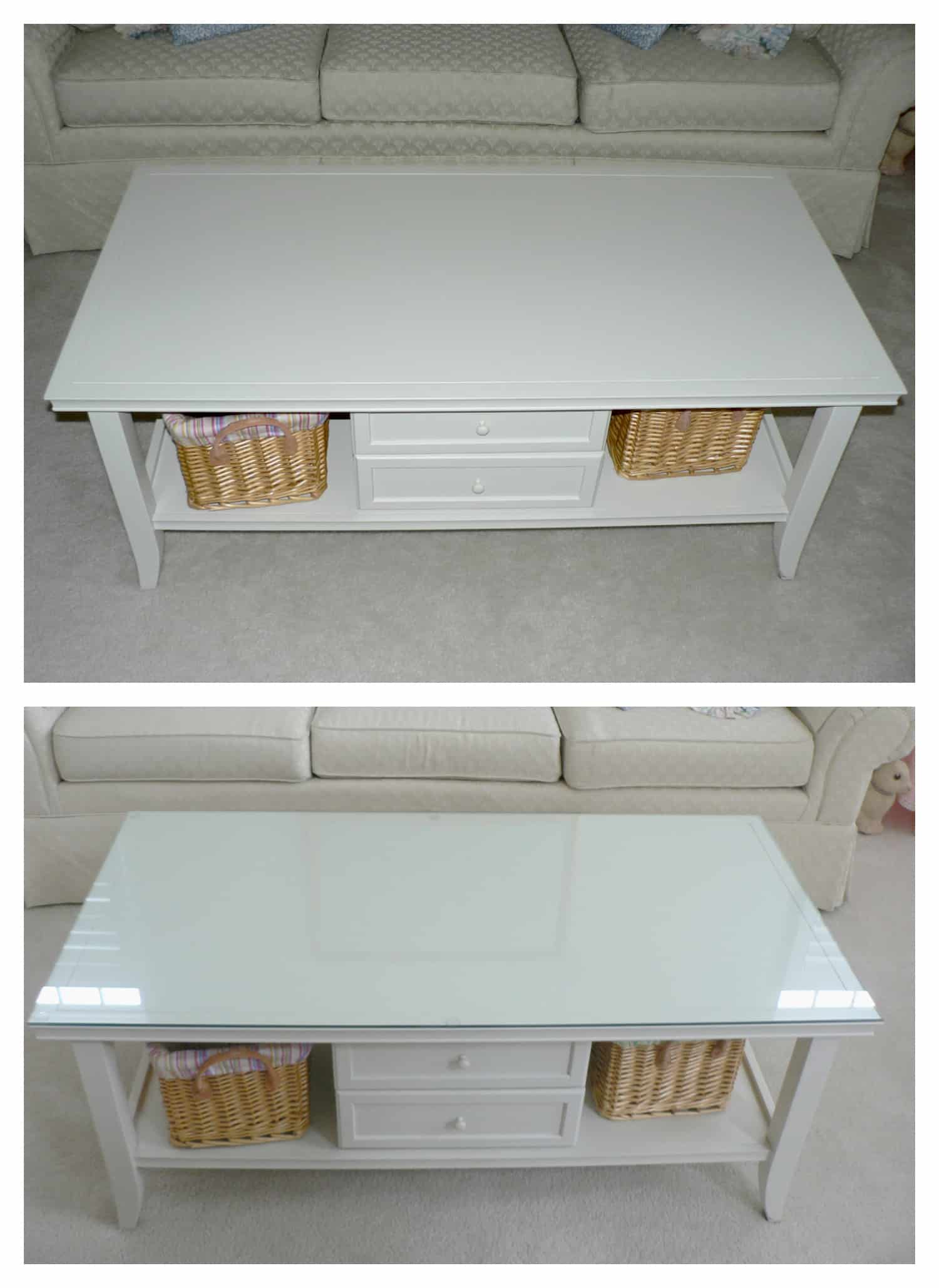 Protective glass cover fitted to a white coffee table.