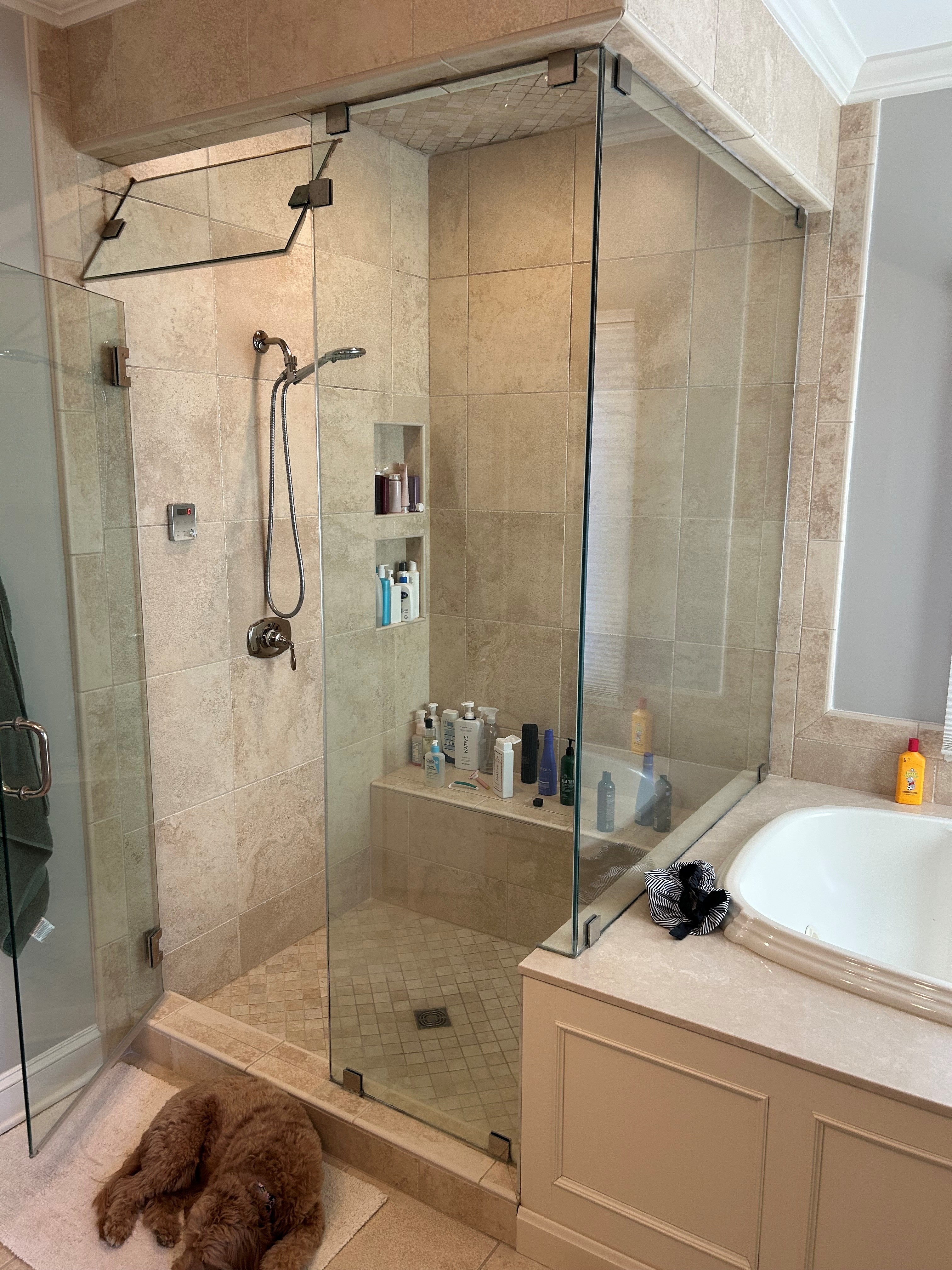 Full-height glass shower enclosure with an opening transom.