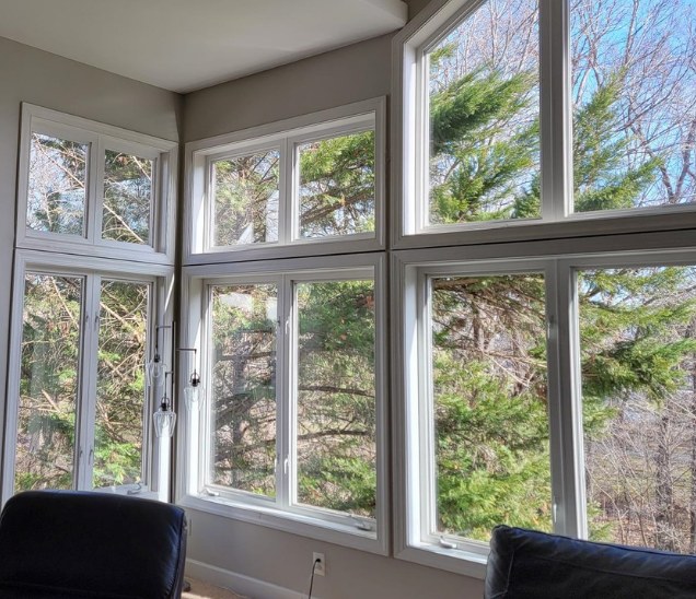 Clear great-room windows after glass replacement.