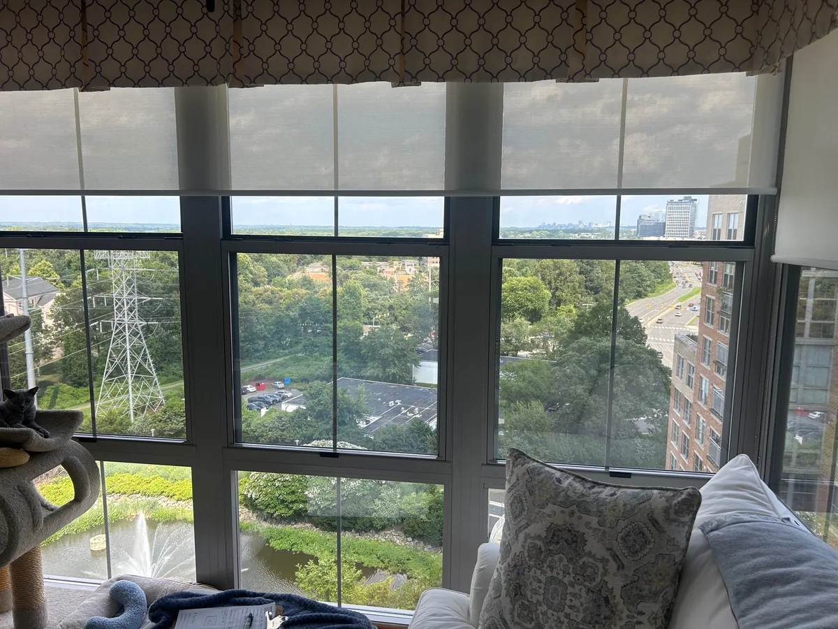 Wide dark-framed living-room windows overlooking trees and a pond
