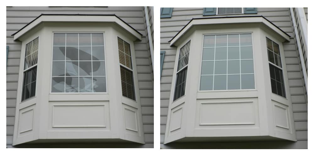 An existing portfolio comparison of broken bay-window glass before and after replacement