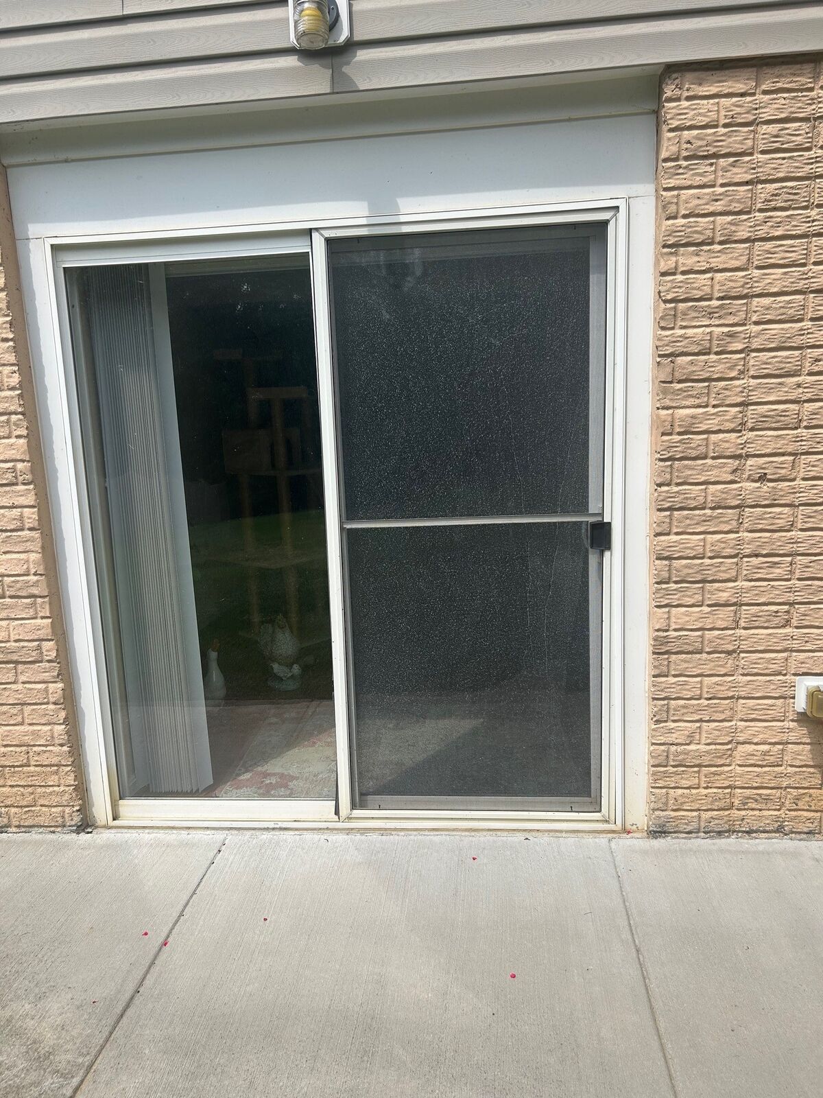 A white patio door assembly with a dark sliding screen panel