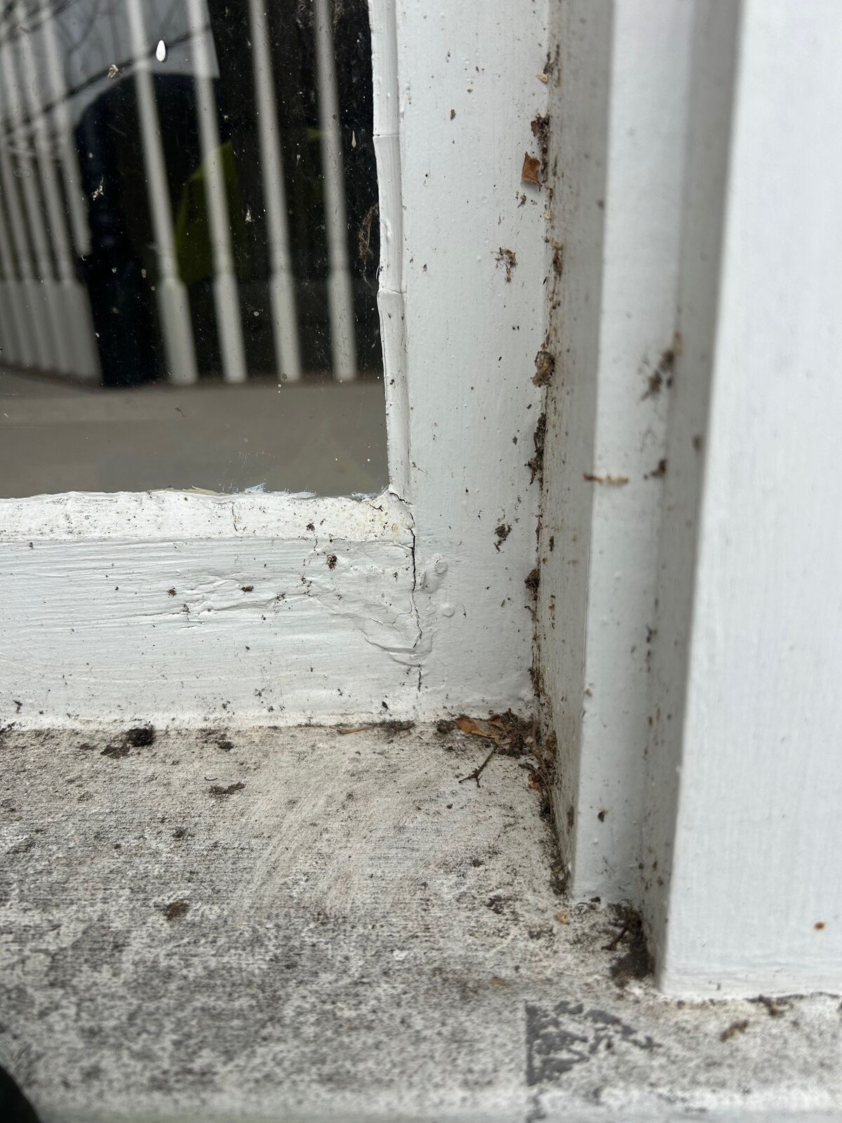 A painted wood window sill with a worn finish and debris